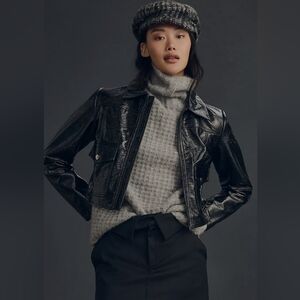 MAEVE By Anthropologie Crinkle Faux Leather Crop Moto Jacket Women's Size Large